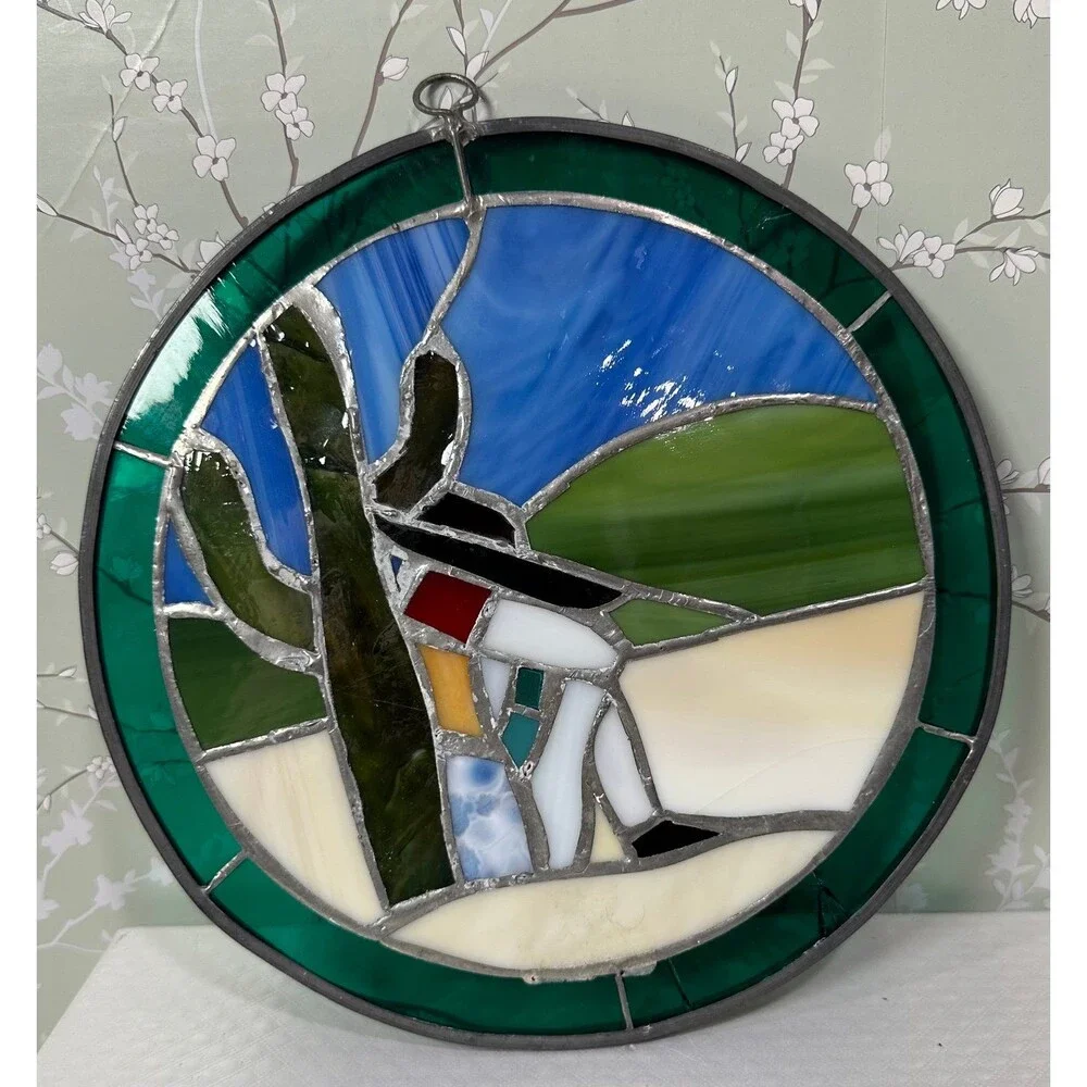 Vintage Southwestern Stained Glass Suncatcher - Siesta Desert Scene
